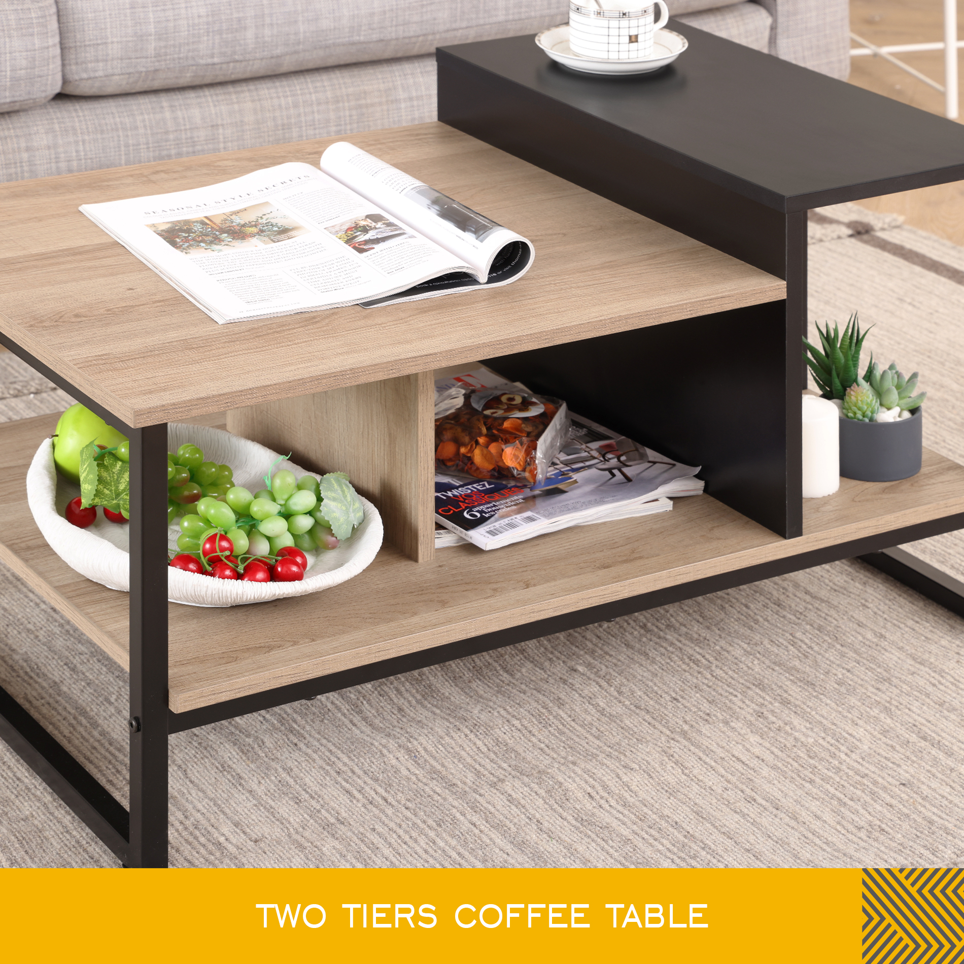 FITUEYES Industrial Wood and Metal with Shelves Coffee Table, Oak/Black