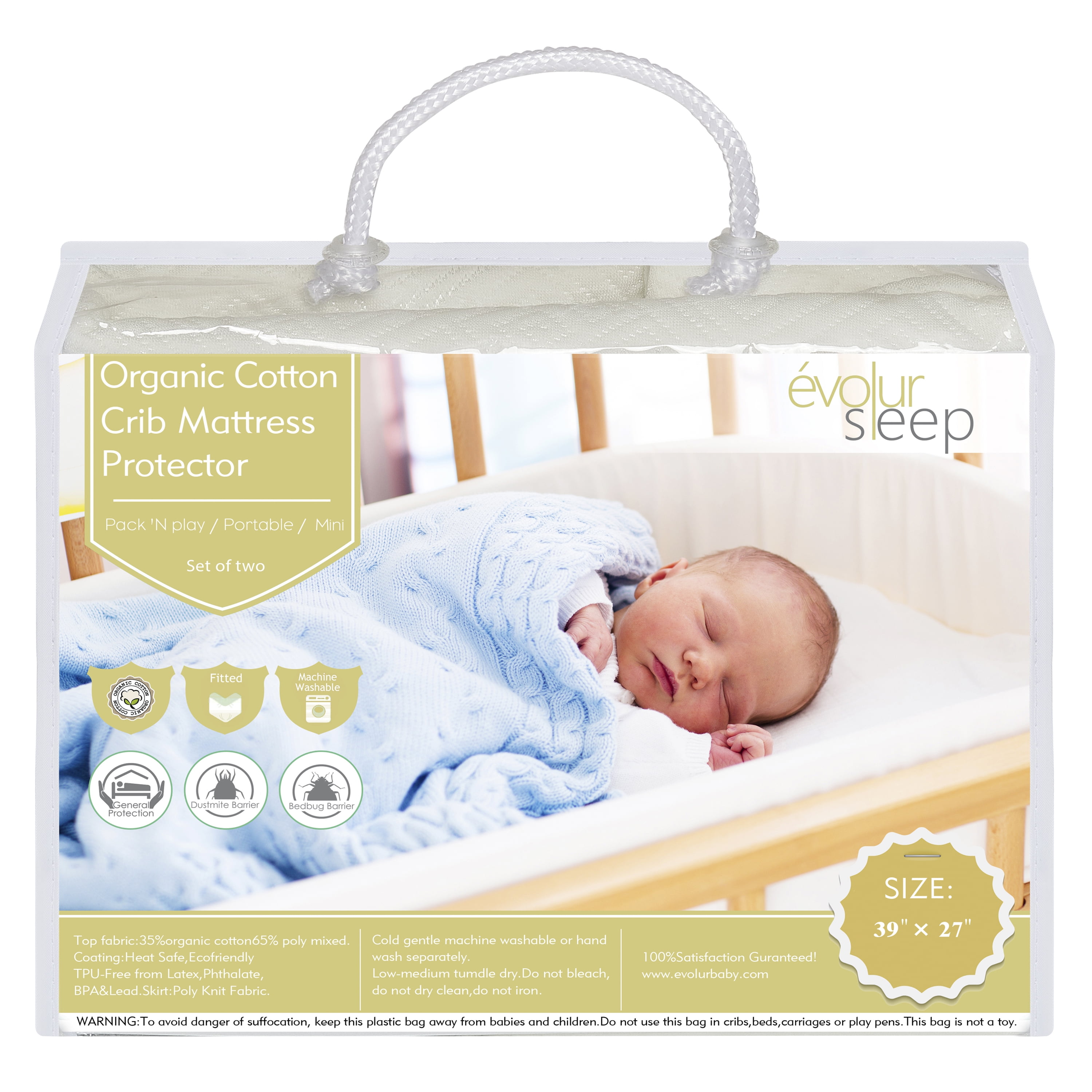 Photo 1 of Evolur Portable Crib Organic Cotton Waterproof Mattress Protector and Fitted sheet, White (2 Pack)