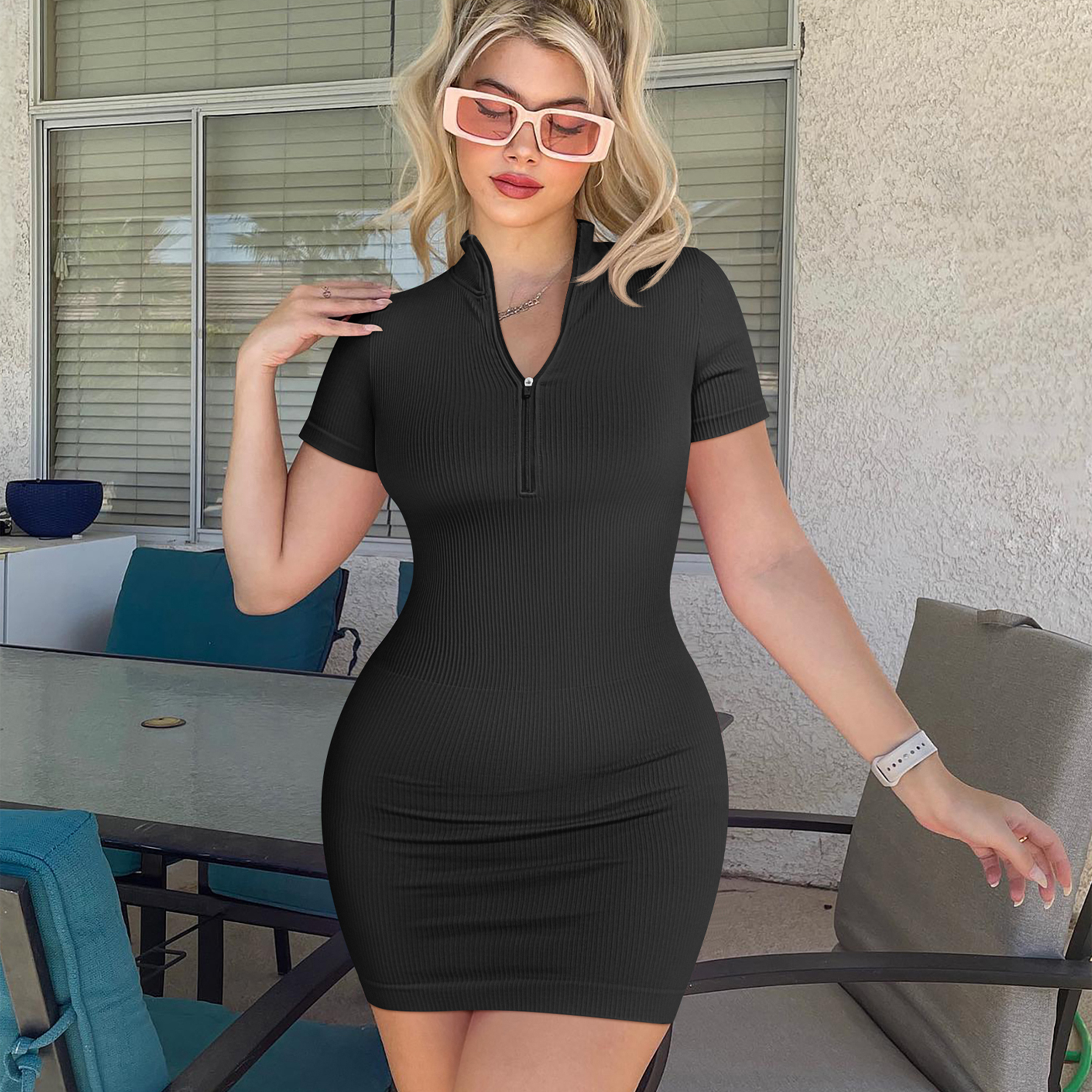 OQQ Women's 2 Piece Dresses Sexy Ribbed Zip Front Short Sleeve Stretch Tops Mini Dress