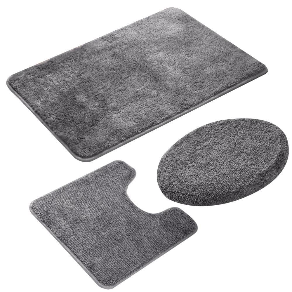 Eurhowing Bath Rug Set 3-Piece, Microfiber Non-Slip Absorbent Bathroom Mat Set, Ultra Soft Bath Mat with U-Shaped Contour Rug & Toilet Lid, Gray