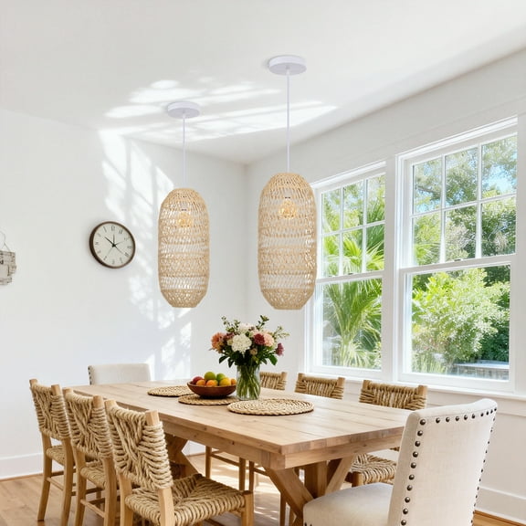 UEEYAC Boho Dining Room Rattan Pendant Light Coastal Living Room Decor Lampshade