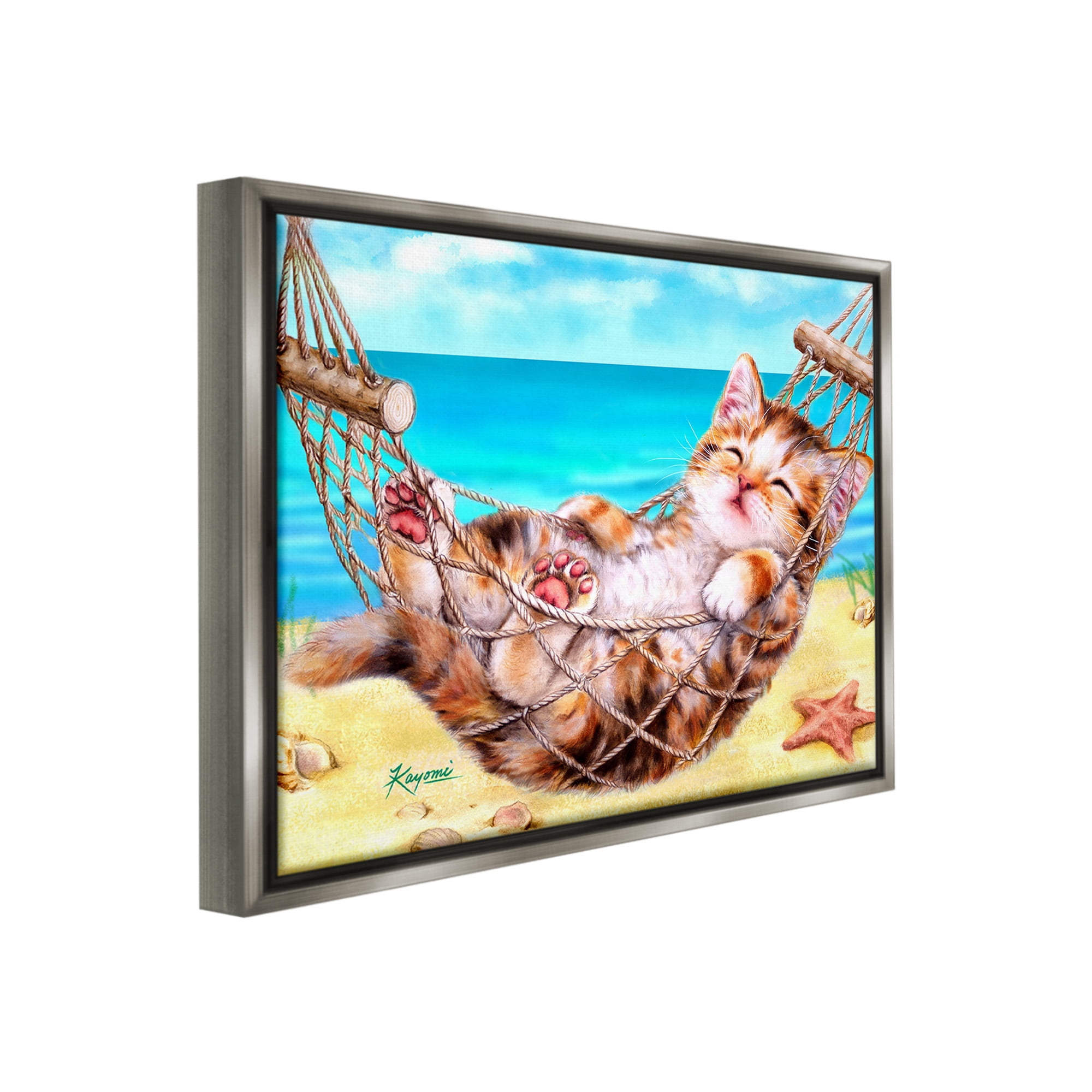 Stupell Industries Kitten in Beach Hammock Animals & Insects Painting Gray Floater Framed Canvas Art Print Wall Art, 21 x 17