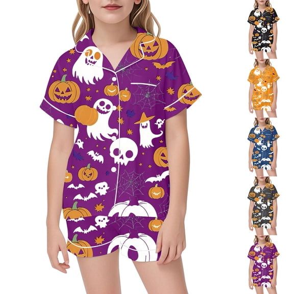 LRen Halloween Pajamas Halloween Gifts 2PCS Set for Teens, Soft Short Sleeve Button-Down Pjs Set Cute Print Sleepwear Outfit