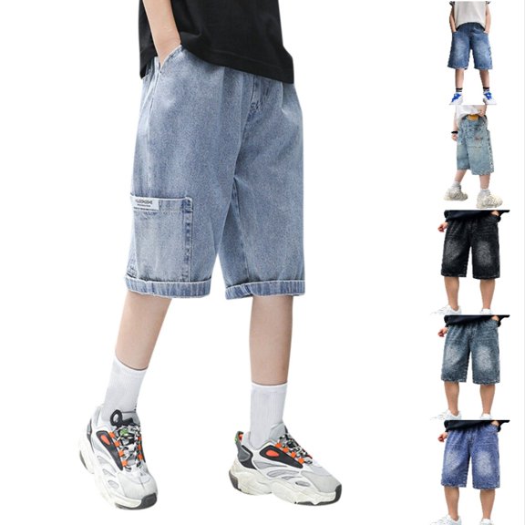Krdevn Boys Washed Denim Cargo Bermuda Shorts, Elastic Waist Fashion Knee Length Kids Summer Casual Jean Shorts,Blue