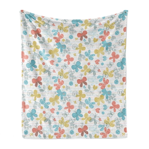 Cartoon Soft Flannel Fleece Throw Blanket, Pastel Tones Butterflies and Buttons Scrapbook Style Creative Childish Print, Cozy Plush for Indoor and Outdoor Use, 60" x 80", Multicolor, by Ambesonne