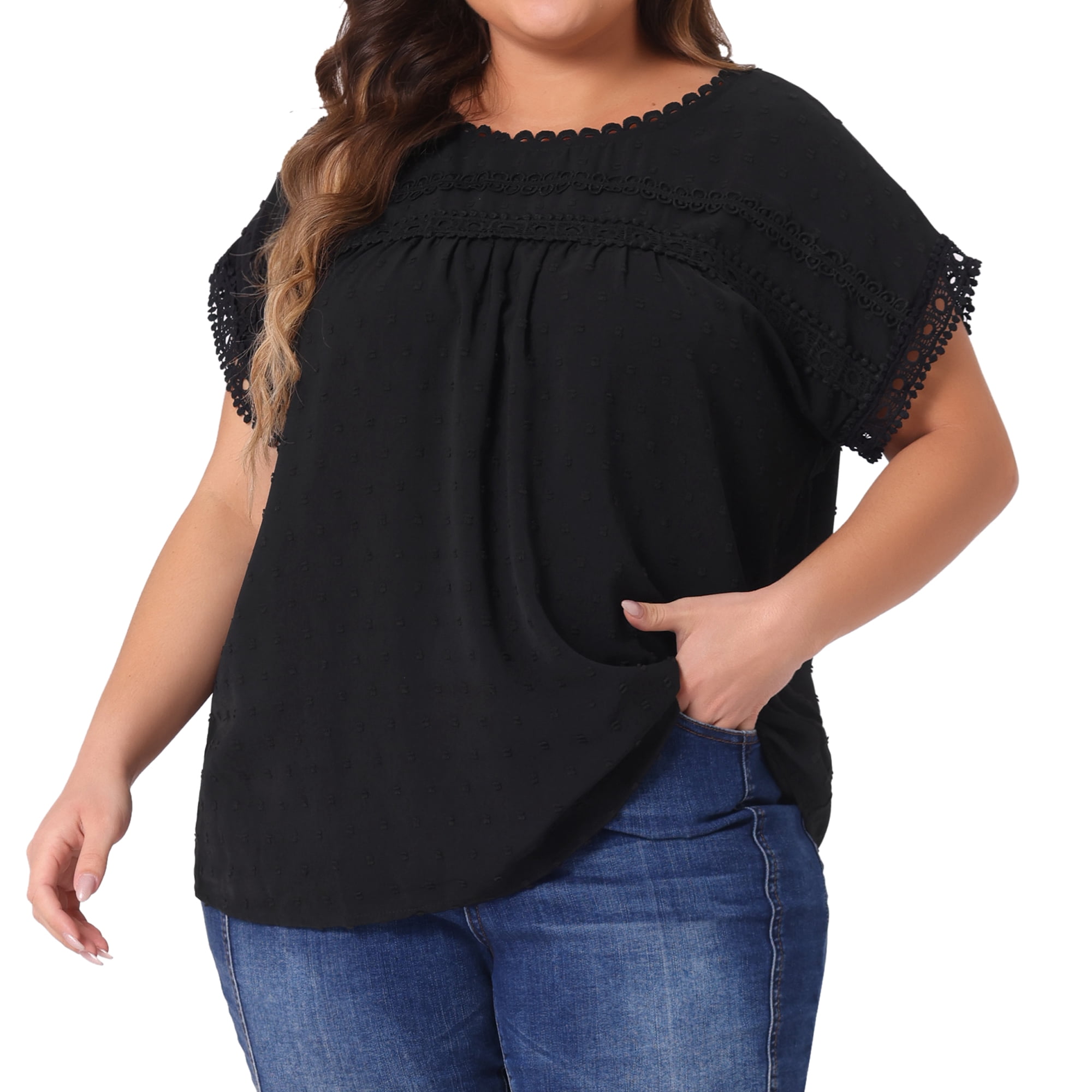 Women's Plus Tops with Swiss Dots Crew Neck Short Sleeve Casual Blouses 2X Black