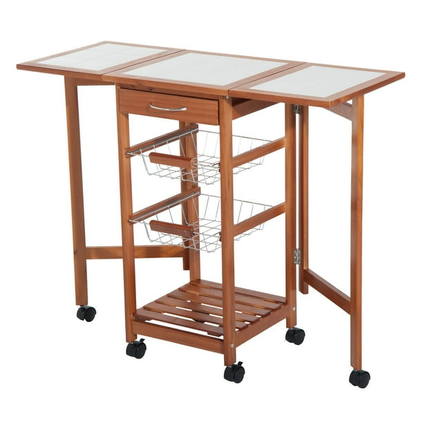 Rolling Tile Top Wooden Drop Kitchen Trolley Storage Cart Walmart
