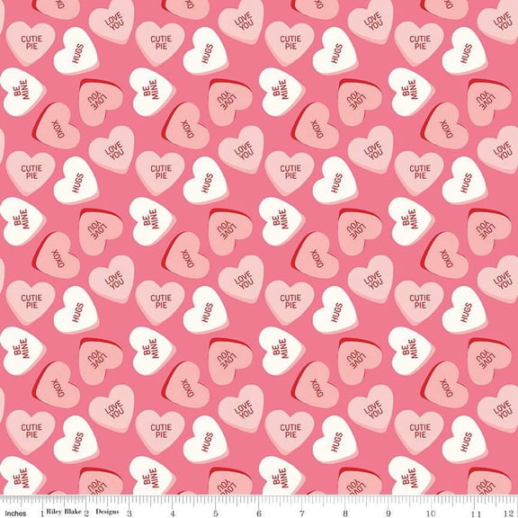 Cotton Sweatheart Conversation Hearts Candy Candies Love Valentine's Day Flirty Hearts Celebrations Riley Blake Cotton Fabric Print by the Yard (c15500-hot pink)