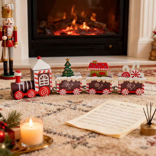 juego de decoración navideña de escritorio con figuras de tren de madera multicolor QAZbgdl — vista frontal centrada de un tren de madera de cuatro vagones pintado en rojo, blanco y verde con ruedas rojas y techos con efecto de glaseado blanco; incluye mini árbol y casa en los vagones; colocado sobre una alfombra frente a una chimenea, ideal para escritorio u oficina y a menudo usado como adorno de temporada.
