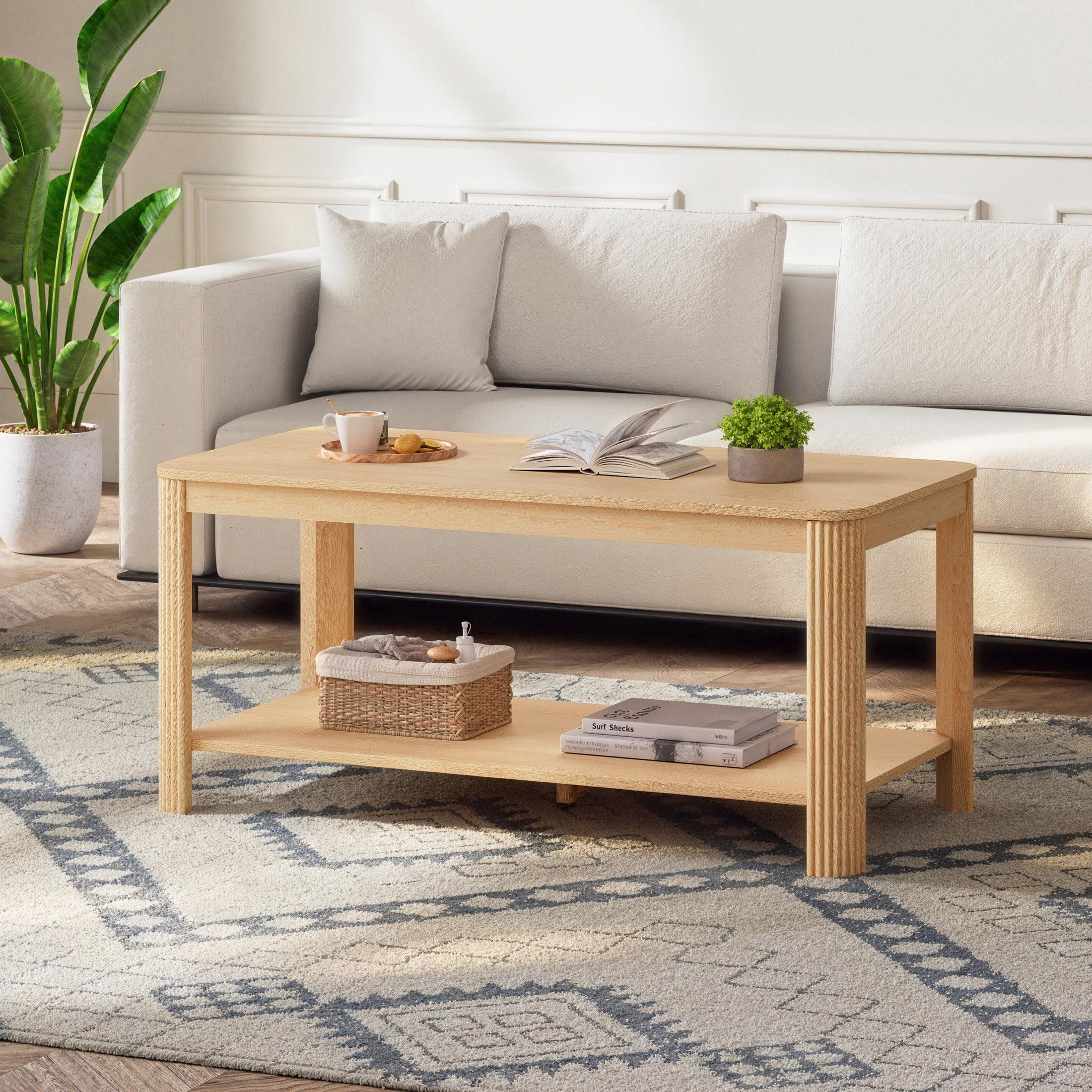 Noble House 39.4" Rectangular Coffee Table with 2-Tier Storage Shelf, Vertical Wave Grain Legs, Oak