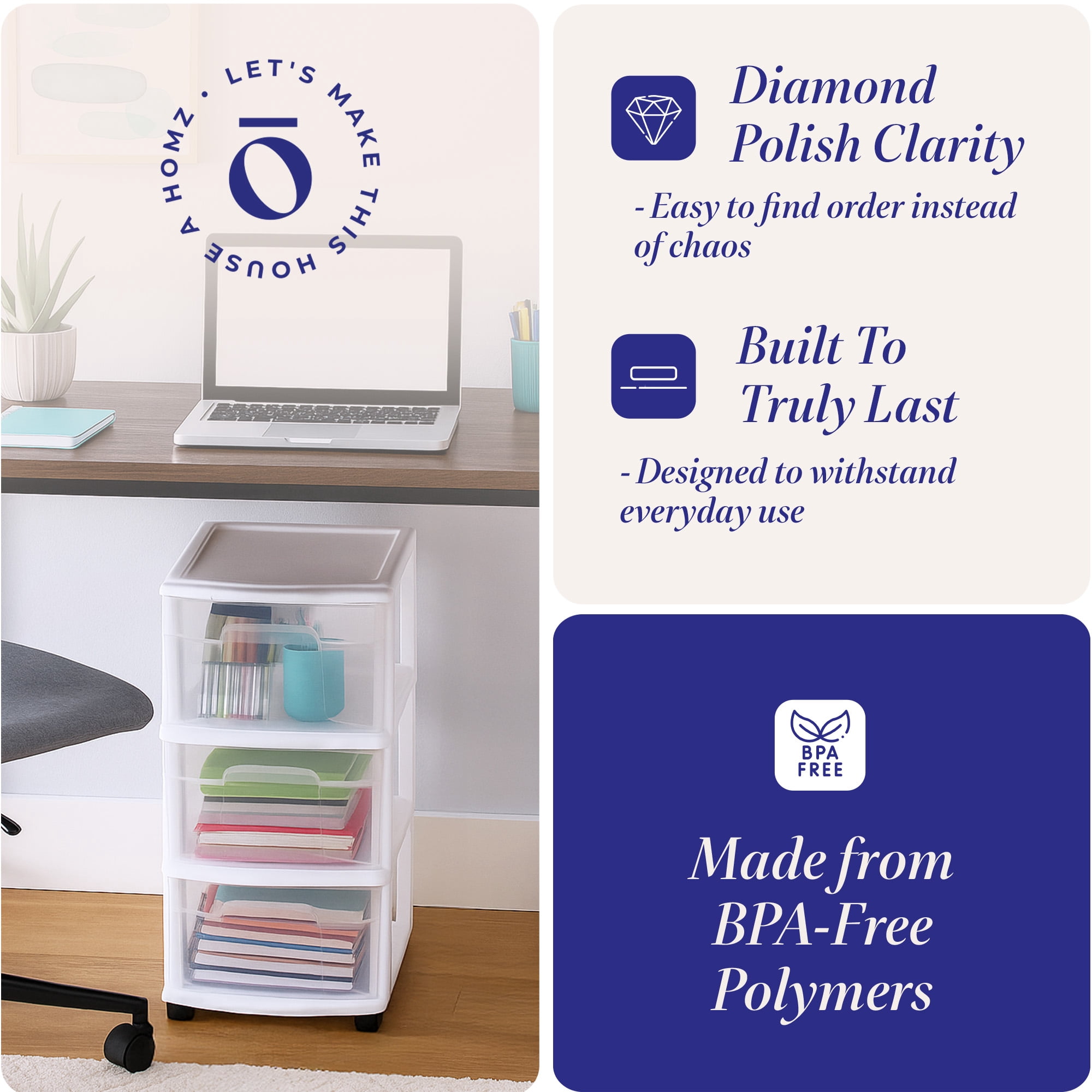 Homz Clear Plastic 3 Drawer Medium Home Storage Tower w/Wheels (2 Pack)