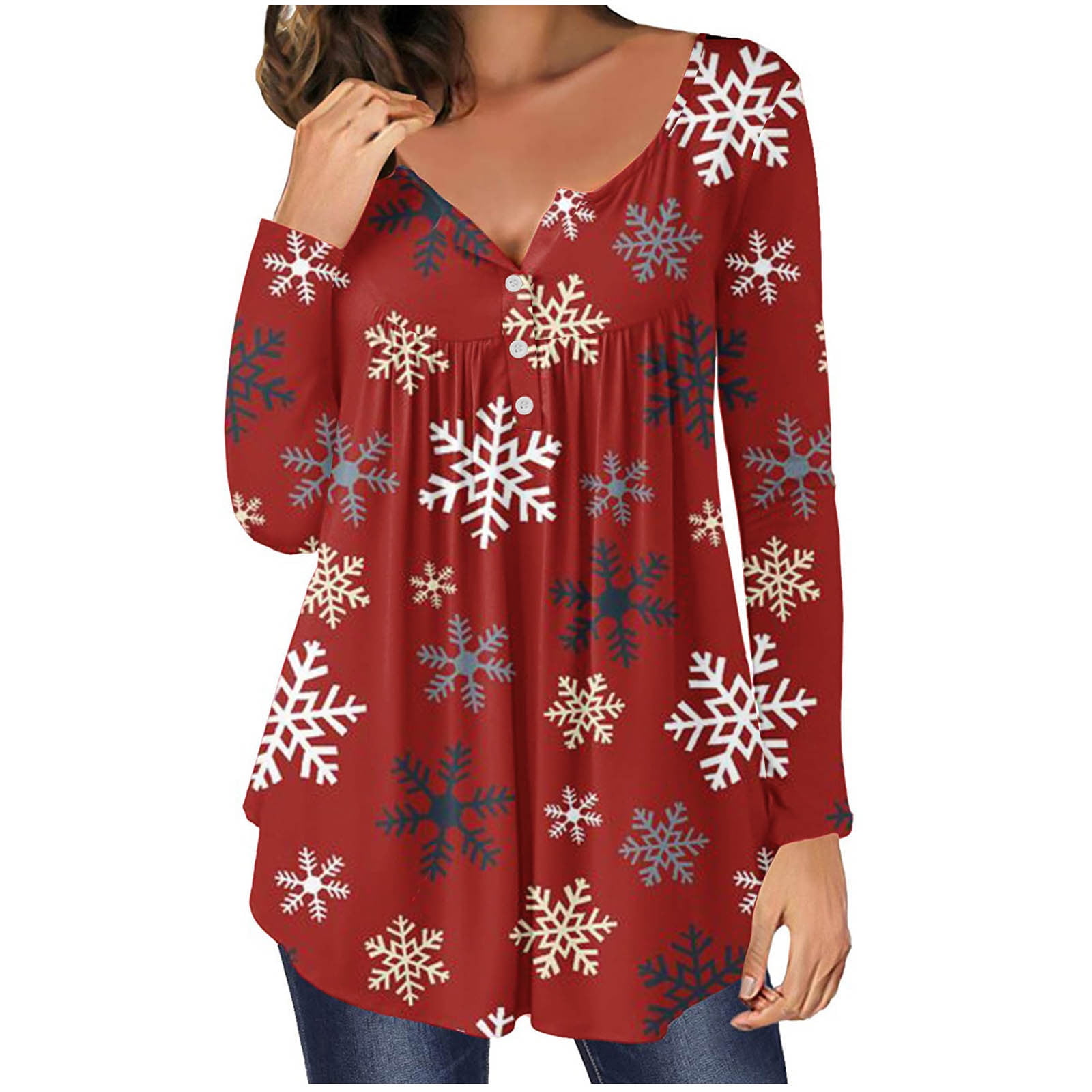 Womens Christmas Shirts Snowflake Print Button up Long Sleeve Tunic