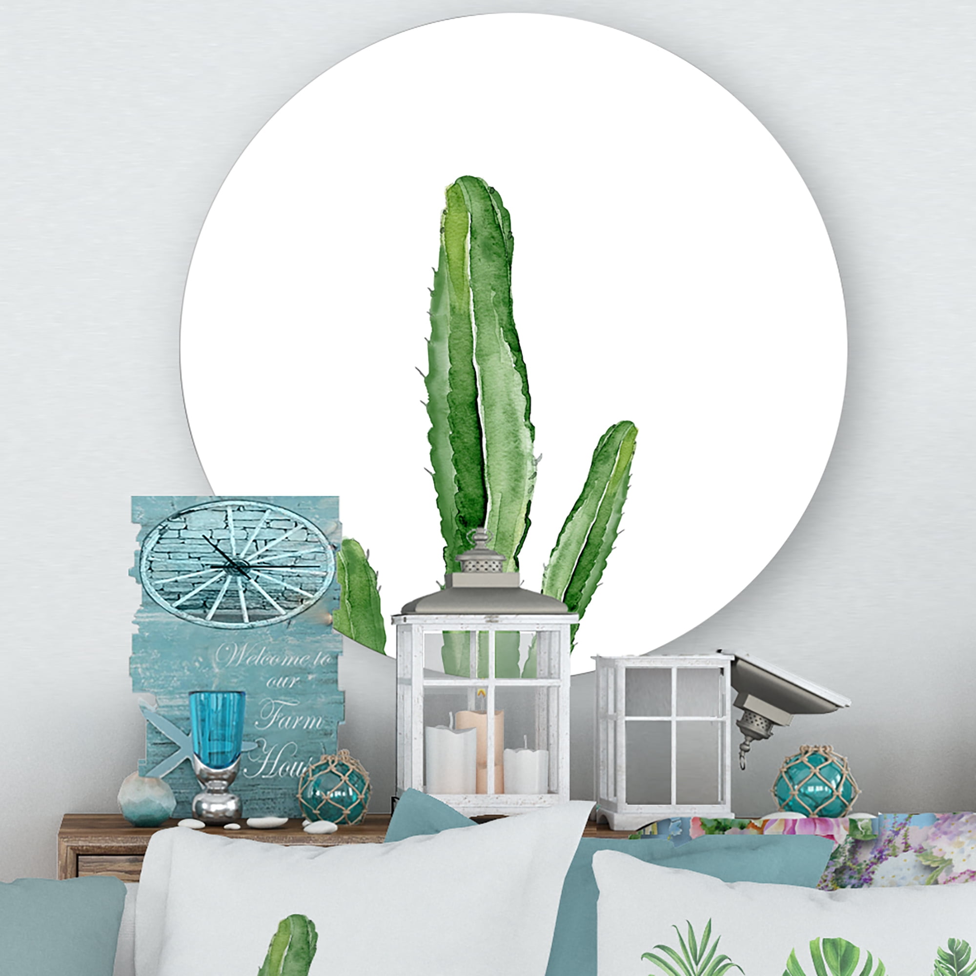 Designart 'Green Cactus South Western Plant' Tropical Circle Metal Wall Art 23x23 - Disc of 23