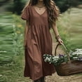 thumbnail image 2 of Summer Dresses for Women Short Sleeve Cre W Neck Cotton Linen Boho Dresses Button Solid Color Causal Loose Beach Vacation Maxi Dresses with Pockets, 2 of 7