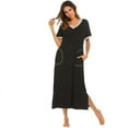 thumbnail image 3 of FRSASU Womens Short Sleeve Nightgown Cotton V-Neck Long Nightshirts Full Length Sleep Dress Side Slit Sleepwear with Pockets Black, 3 of 8