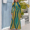 thumbnail image 4 of Conjuntos elegantes para mujer con vestido largo azul verdoso, mostaza y azul marroquí con estampado retro abstracto moderno de mediados de siglo con reloj de arena, 4 of 5