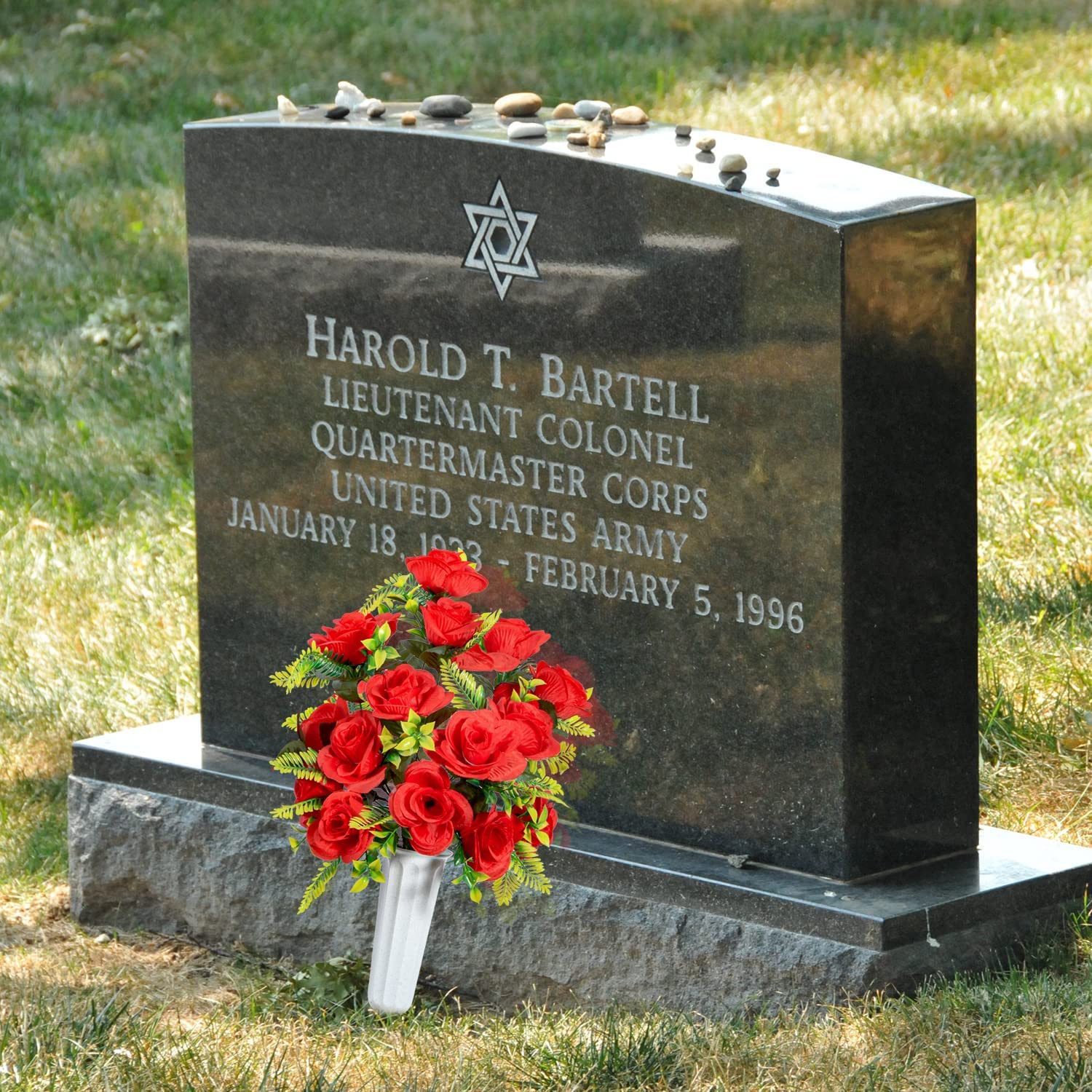 Artificial Cemetery Flowers with Vase, Set of 2 Artificial Rose Bouquet Graveyard Memorial Flowers for Cemetery Headstones Decoration (Yellow-2Pcs)