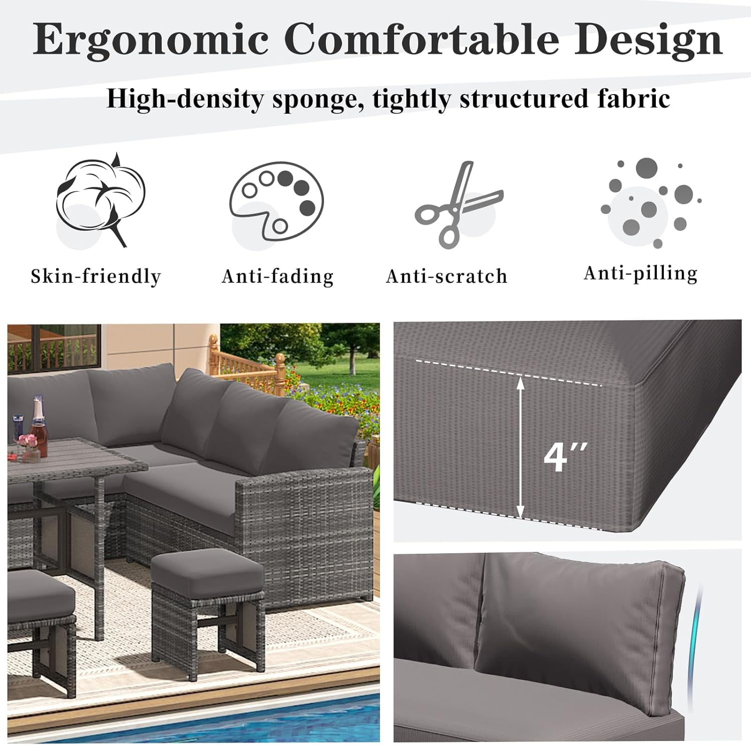 YODOLLA Outdoor Cushions, 4 inch Patio Cushions for Outdoor Furniture, Replacement Cushions Fits 7-Seats Sectional Rattan Conversation Set, Splashproof, Memory Foam Cushions and Covers (Dark Grey)