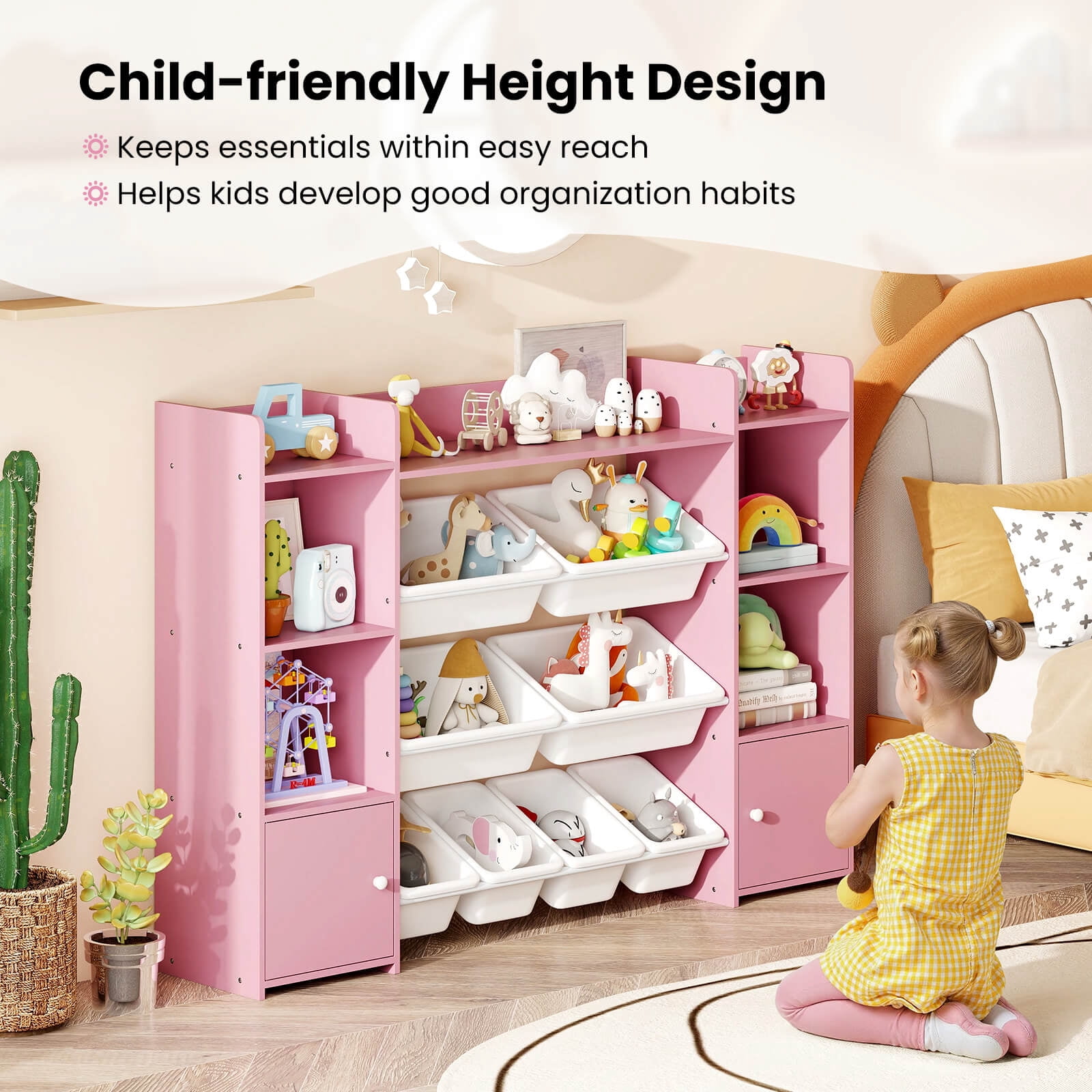 Costway 4-Tier Large Storage Cabinet with 6 Cubbies & 8 Removable Bins Bookshelf Pink