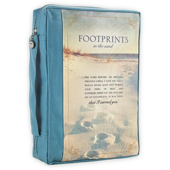 Christian Art Gifts Men/Women's Bible Cover Footprints, Blue Canvas, Large Christian Art Gifts
