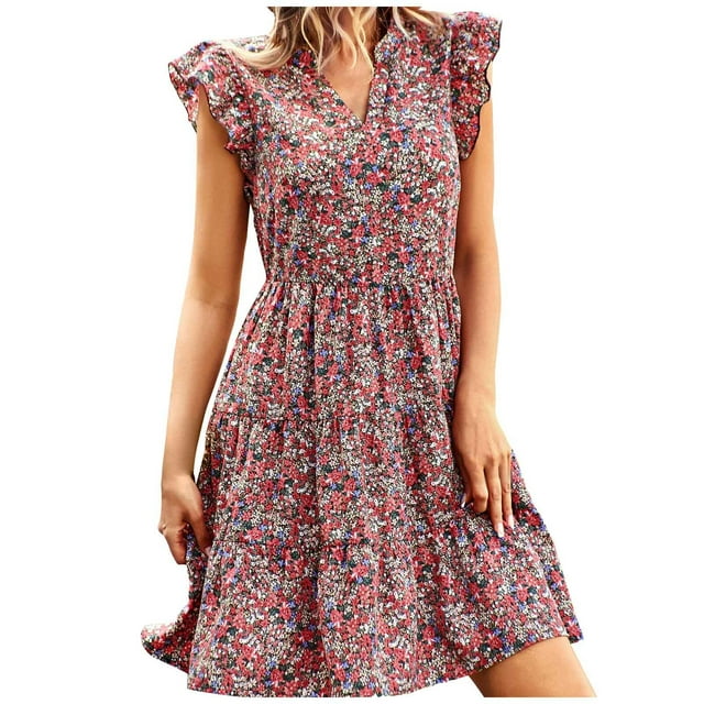 Robe à Volants for Women Swing Plage Soleil Robe V Cou Décontracté Confortable Boho Robe de Vacances avec Poches
