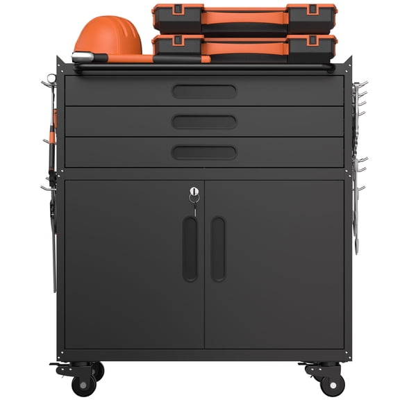 CQSXDA Heavy Duty 34.3 Inch Rolling Metal Tool Cabinet With Lockable Doors And Three Drawers For Home And Garage Storage Solutions