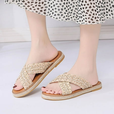 

YOTAMI Womens Slippers Summer New Style Comfortable Trend Casual Woven Women s Flat-bottomed Slippers Beige