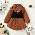 thumbnail image 3 of Kucnuzki Infant Baby Girl Clothes 18 Months Fall Winter Dress 24 Months Long Sleeve Solid Color Button-Up Lapel Shirtdress Vest 2PCS Set Brown, 3 of 7