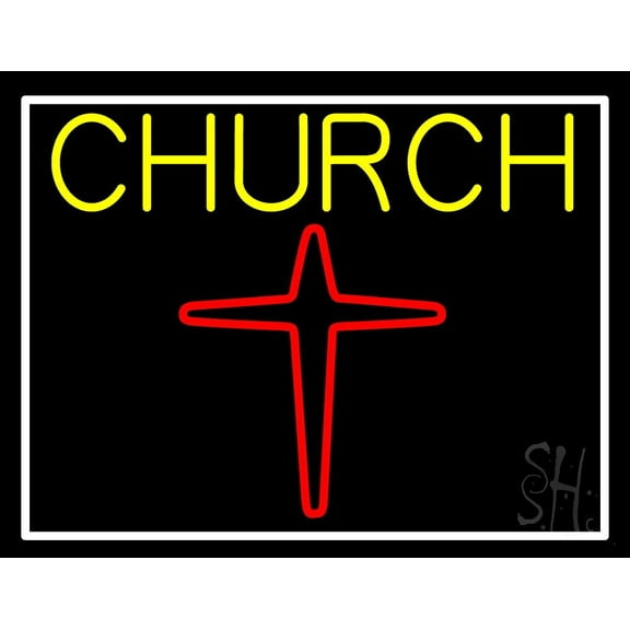Yellow Church With Cross Logo LED Neon Sign 15" Tall x 19" Wide - inches Black Square Cut Acrylic Backing, with Dimmer - Premium built indoor Sign for Home décor, Religious place, Store interior.