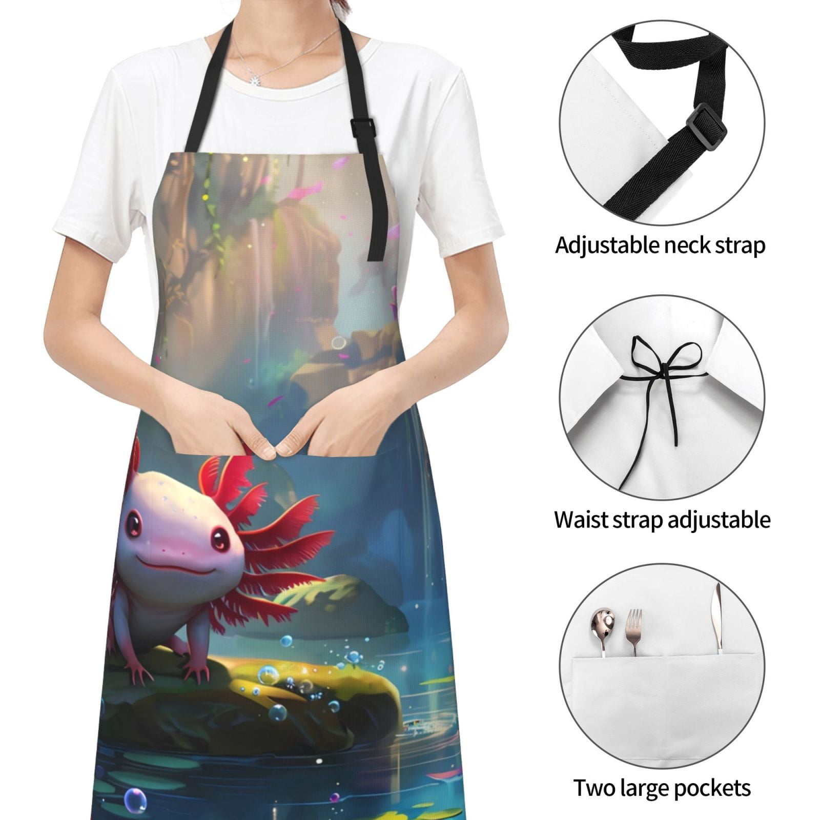 Kdxio Pond Cute Axolotl Apron with Pockets Adjustable Kitchen Aprons for Men Women Waterproof Aprons for Cooking,Drawing,Crafting, Baking Household Cleaning