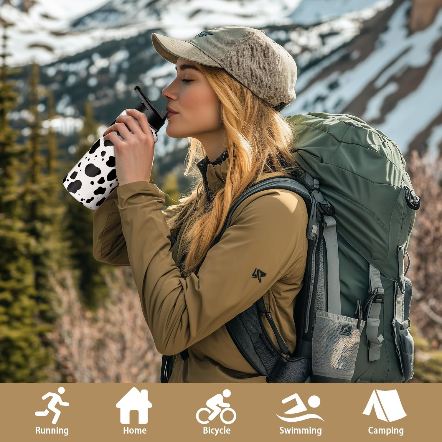 Cow Print Water Bottle with Straw Lid 32oz Vacuum Insulated Sports Water Bottles Cow Gifts for Women Men Cow Print Stuff Accessories Stainless Steel Thermos Travel Mug