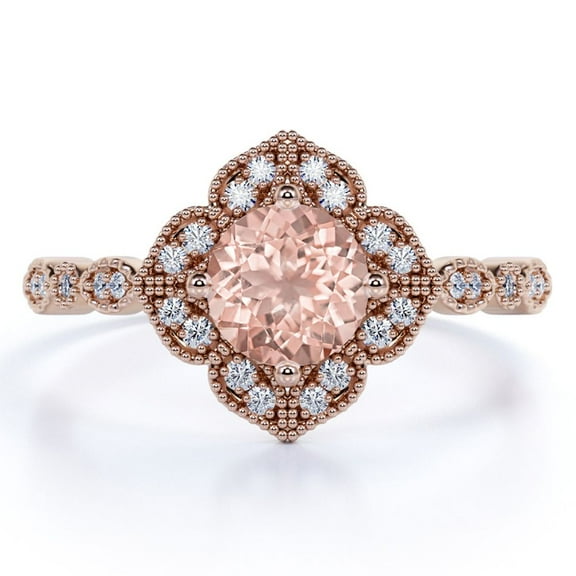 JeenMata Art Deco 1.75 Carat Round Brilliant Cut created morganite Engagement Ring in 18k Rose Gold over Silver
