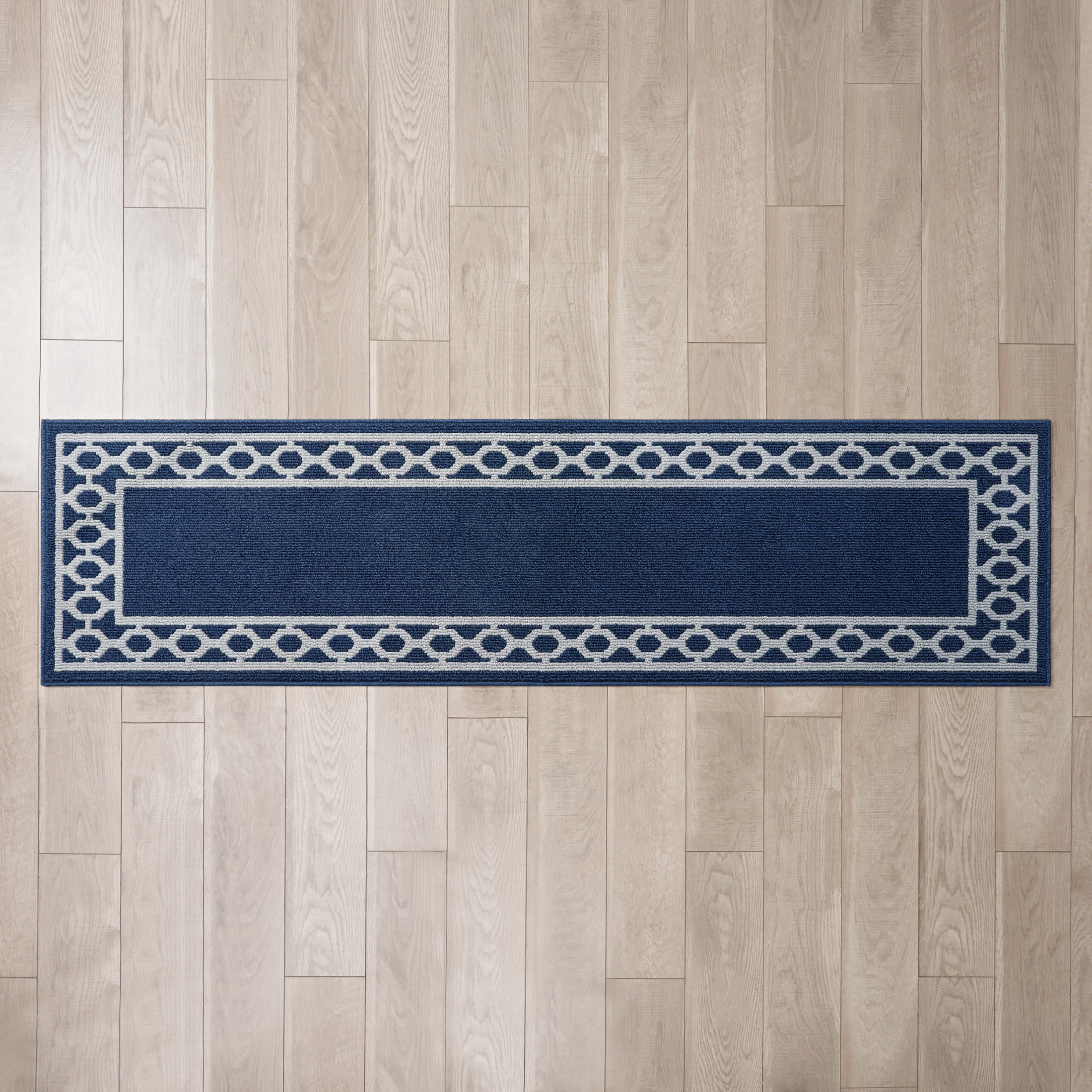 Washable Skid-Resistant Runner Rug, Trellis Border , Denim Twist and Light Grey , 26" x 96"