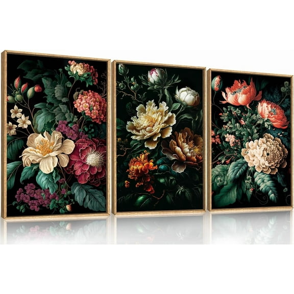 Dark Floral Canvas Wall Art Set, Framed Vintage Moody Flower Wall Decor, Large Black Botanical Wall Painting, Academia Art Print 3 Piece 24x36 Inches for Living Room, Bedroom, Office