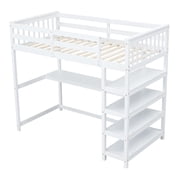 Euroco Wood Twin Loft Bed with Desk and Shelves, White