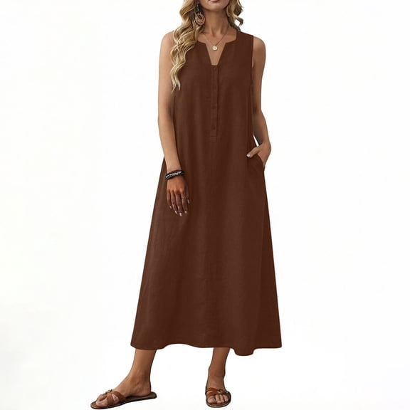 Gfyviroh Plus Size Dresses for Women Sleeveless Button Front Loose Fit Dress Casual Summer Linen Long Dresses