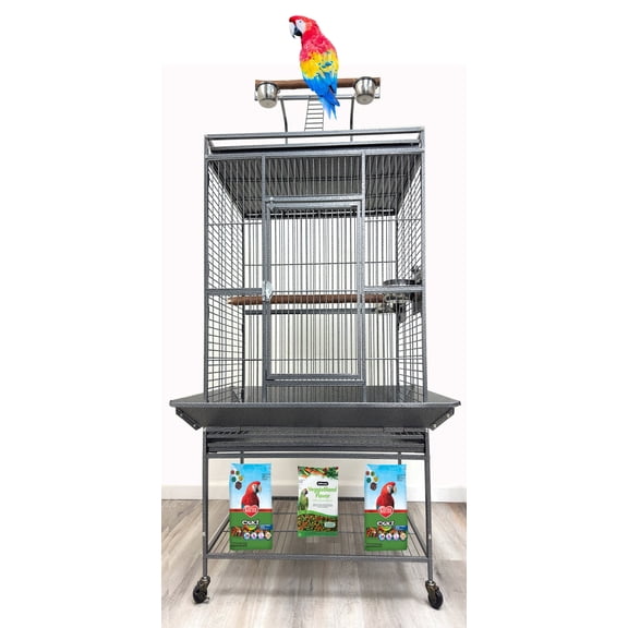Large Dulexe Wrought Iron Play Perch Stand Ladder Ground Top Bird Parrot Rolling Metal Cage, Include Stainless Feed Cups Natural Wooden Stand Perch Seed Guard
