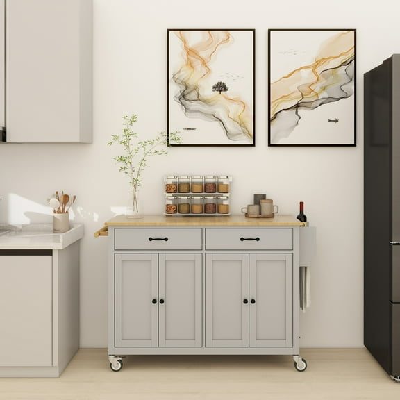 Kitchen Island Cart with Solid Wood Top and Locking Wheels,54.3 Inch Width,4 Door Cabinet and Two Drawers,Spice Rack, Towel Rack (Grey Blue)