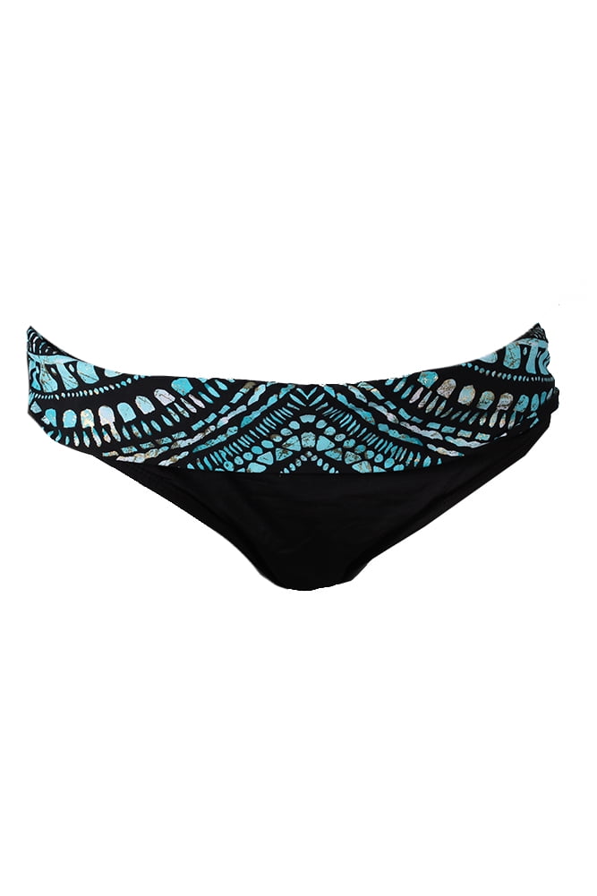 Kenneth Cole Black Aqua Tribal Print Metallic Fold Over Waist Bikini Bottom M