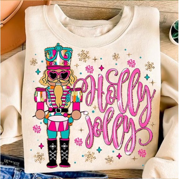 Holly Jolly Christmas Nutcracker Sweater, Ya’ll Are Nuts Bow Glitter Brushstroke Sweatshirt