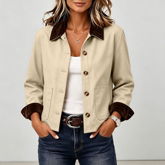 Xdegoge Women's Cropped Shacket Corduroy Collar Button Down Jacket Casual Long Sleeve Workwear Fall Outerwear with Pockets