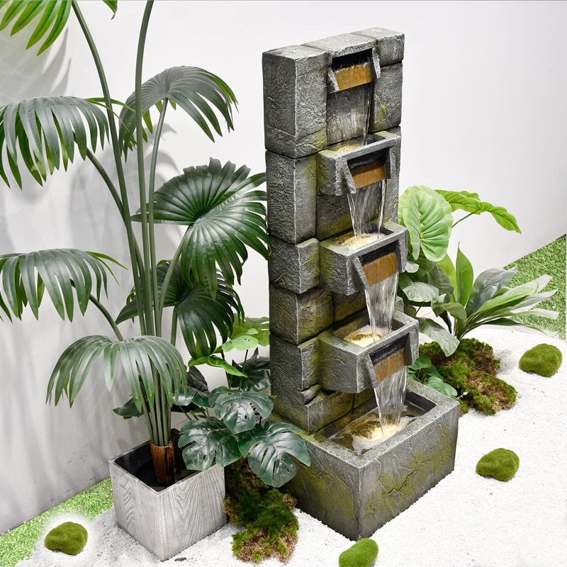 Water Fountain Outdoor Modern Waterfalls Garden Fountains with Lights for Garden, Patio, Backyard, Deck, Porch and Home Art Decor