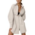 thumbnail image 1 of Female Button Up Long Sleeve Mini T Shirt Dress Lapel Collar Pleated Flared Short Dresses Khaki L, 1 of 10