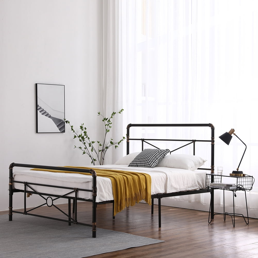 Kepooman Single-layer Black Metal Double Bed Cross Design with Bed Foot Full black, 63.80"L x 20.87"W x 5.51"H, Queen Kepooman Single-layer Black Metal Double Bed Cross Design with Bed Foot Full black, 63.80"L x 20.87"W x 5.51"H, Queen