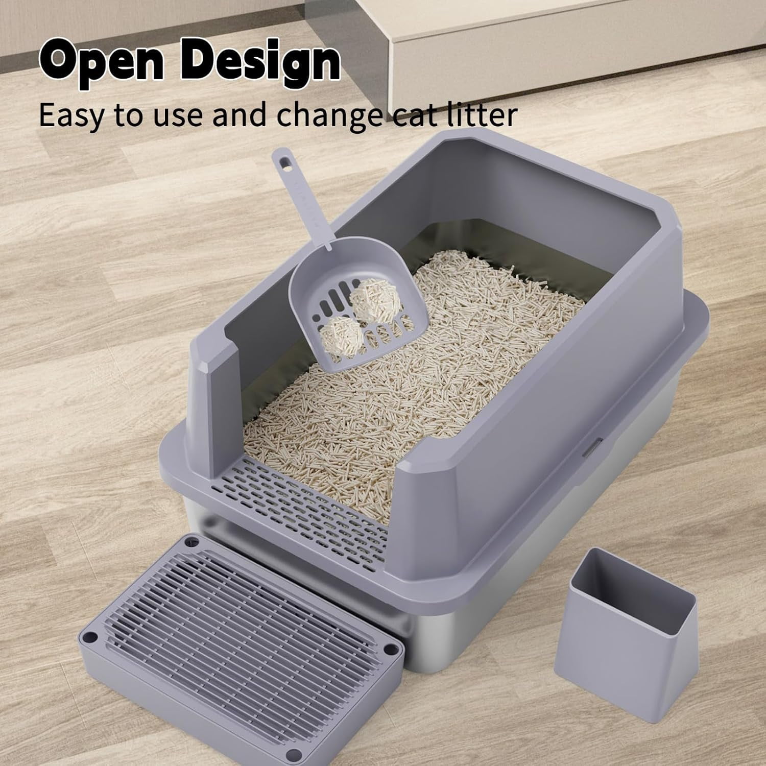 Open Cat Litter Box: Large Gray Stainless Steel Litter Pan 23.8" x 15.9" x 12.4" - High Sided Splash-Proof Easy Clean Toilet for Cats up to 20 lbs - Ideal for - Laundry Areas - Apartments