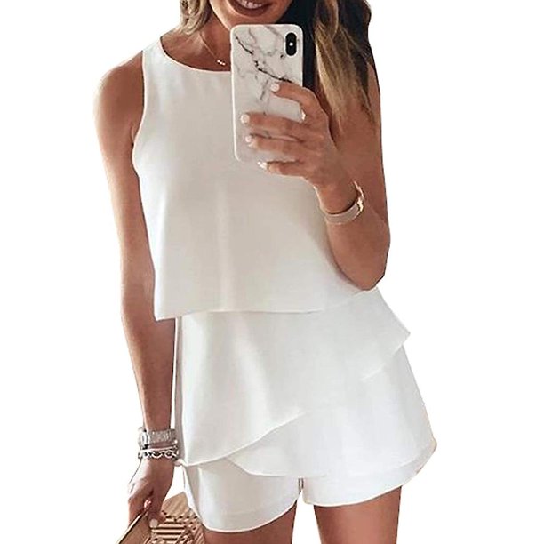 white Monos mamelucos lisos y con estampado floral sin mangas y cuello halter para mujer