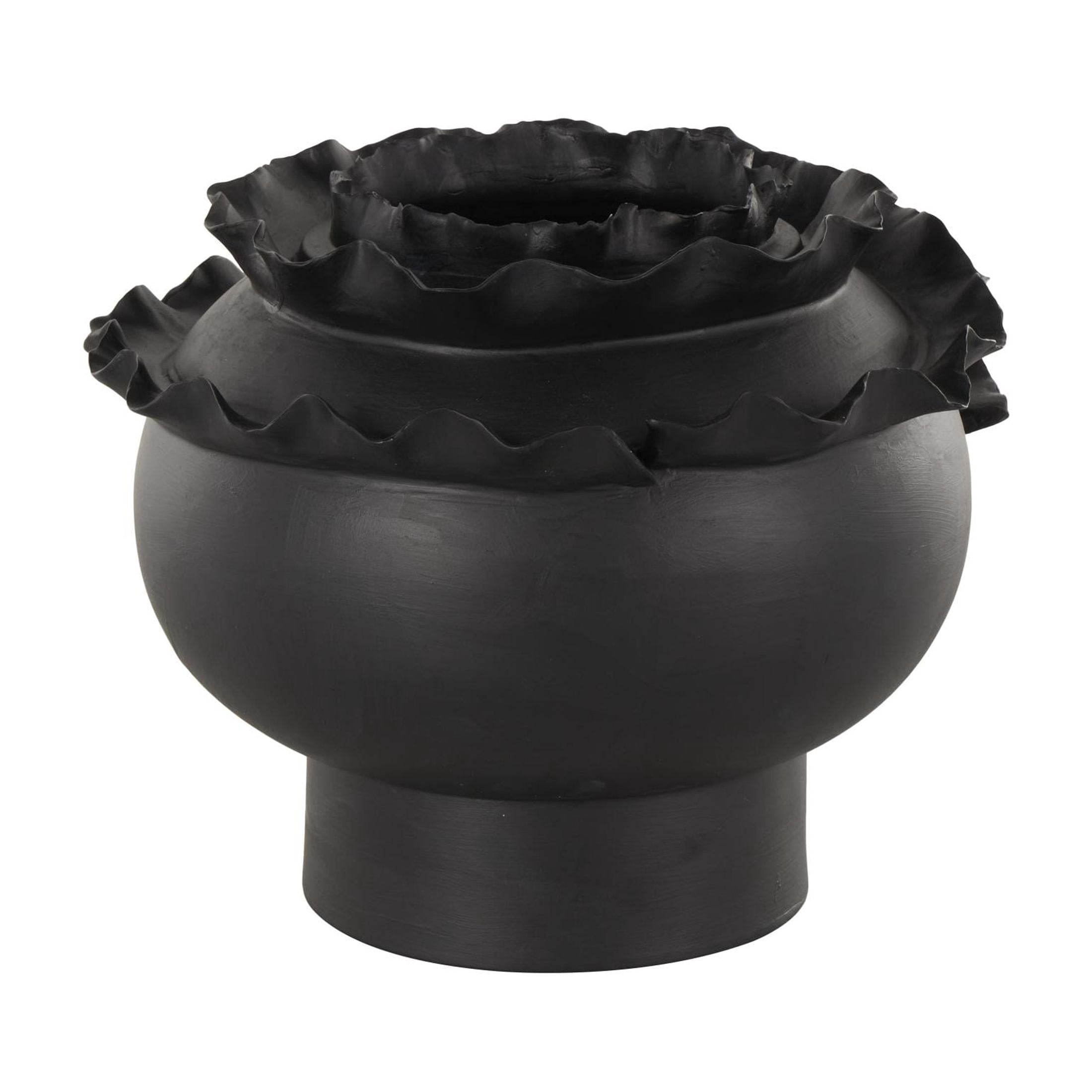DecMode 9" Abstract Wide Rounded Floral Inspired Black Ceramic Vase with Layered Petals