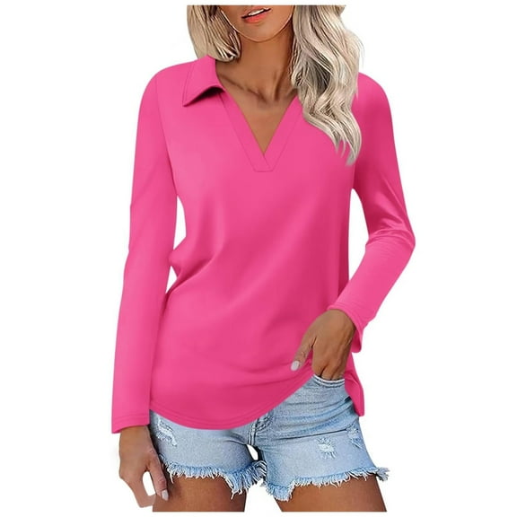 OSOLU Women Solid Color Long Sleeve Lapel V-Neck Solid Color Tops T-Shirt Tshirts Tee Breathable Dailywear
