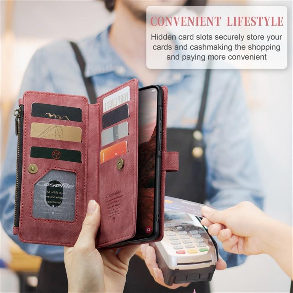 CaseMe Case for Samsung Galaxy A37 5G Wallet Case for Women Men, Fashion Durable PU Leather Magnetic Flip Lanyard Strap Wristlet 10-Card Holder Zipper Wallet Phone Case,Red,For Galaxy A37 5G