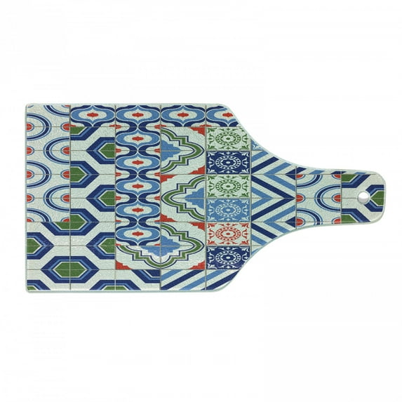 Moroccan Cutting Board, Oriental Moroccan Motifs in Retro Colors Eastern Bohemian Design, Decorative Tempered Glass Cutting and Serving Board, Wine Bottle Shape, Multicolor, by Ambesonne